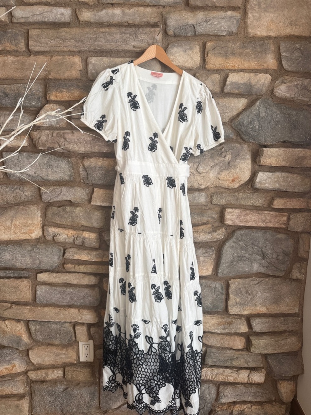 Anthropologie White Maxi Dress with Black Floral Embroidery